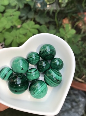 通孔圆珠！天然孔雀石圆珠裸石高瓷带花纹镶嵌项坠挂饰一物一图