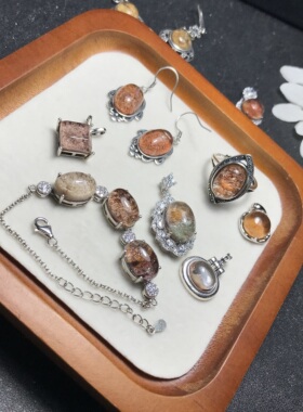 #s925银新品天然彩幽灵镶嵌成品红黄幽灵戒指/吊坠/耳钉耳钩/手链