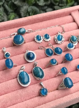 #s925银天新品天然棉裂体蓝磷灰镶嵌成品戒指/吊坠/耳钉耳钩/手链