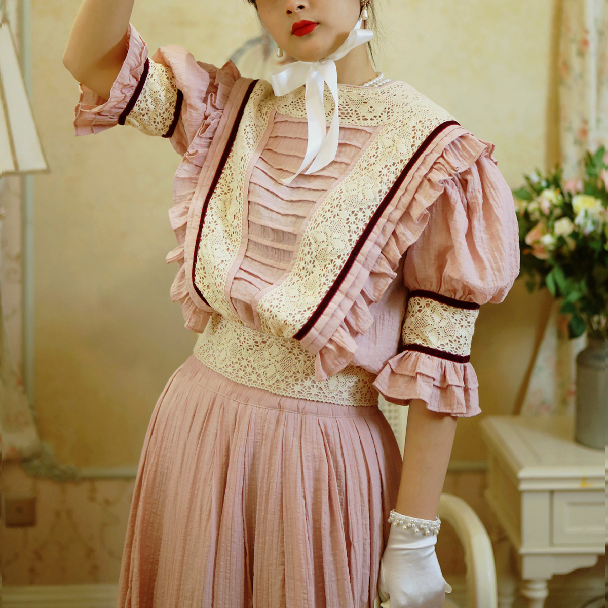 【Lace Garden】高定《曼塔玫瑰》爱德华时期粉色古董茶歇裙定制-图1
