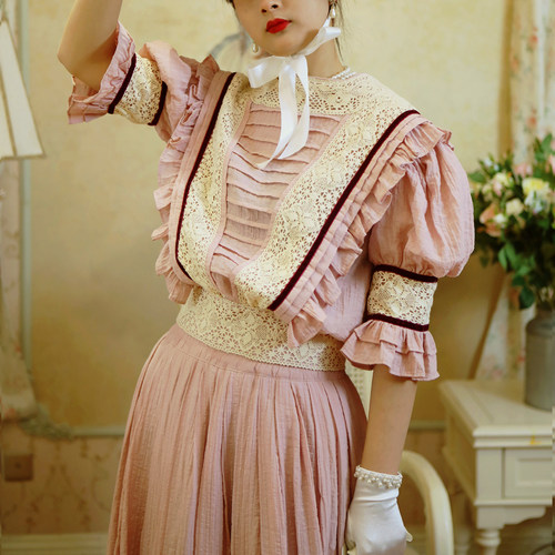 【Lace Garden】高定《曼塔玫瑰》爱德华时期粉色古董茶歇裙定制 - 图1