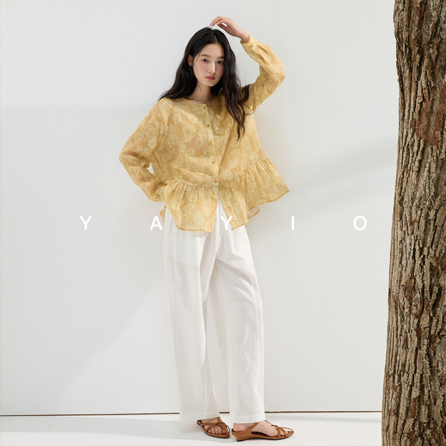 YAYIO【原生麻感】100%超细苎麻轻柔黄色花料宽松防晒上衣女