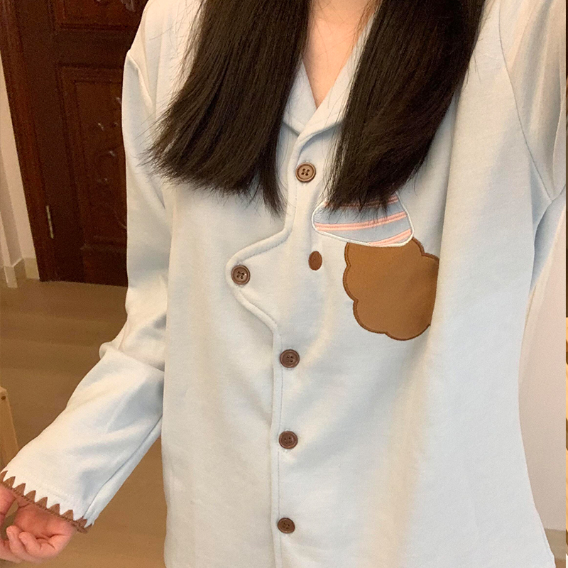 灰色可爱帽子小狗睡衣女秋冬季德绒ins风新款开衫休闲家居服套装 - 图3