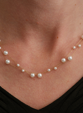 【CnHnOn脂肪商店】细金线串珠散落珍珠悬浮镂空链条多层叠戴项链