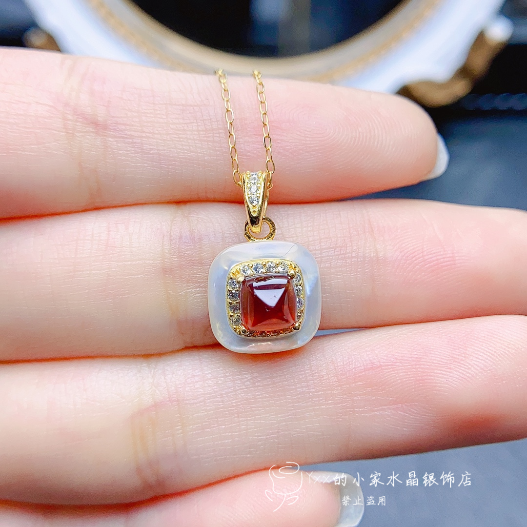 天然石榴石糖塔芬达戒指女/吊坠耳钉纯银镶嵌宝石6乘6白贝母套装,淘宝优惠券,粉丝福利购,淘宝优惠卷