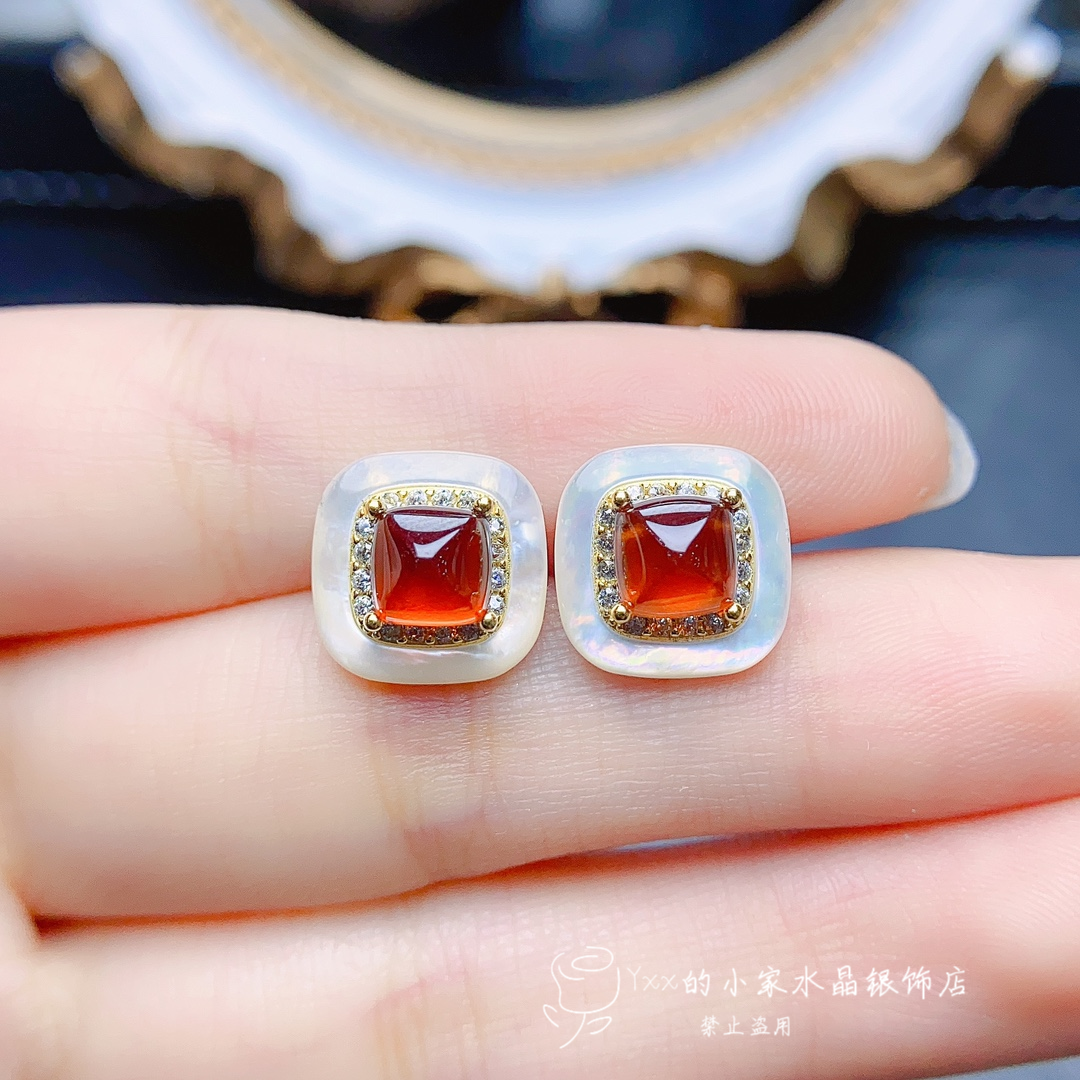 天然石榴石糖塔芬达戒指女/吊坠耳钉纯银镶嵌宝石6乘6白贝母套装,淘宝优惠券,粉丝福利购,淘宝优惠卷