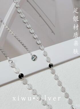 足银990圆牌亮片抽拉项链女锁骨链轻奢小众设计高级气质款银链子