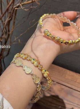 足银9999描金珐琅葫芦宝相花手镯女国风新中式轻奢小众设计银镯子