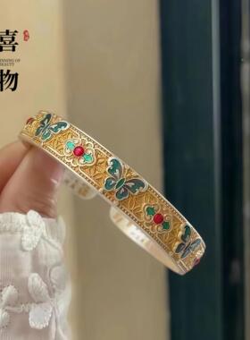 足银999.9珐琅彩蝴蝶开口手镯女新中式国风复古银镯子送女友礼物