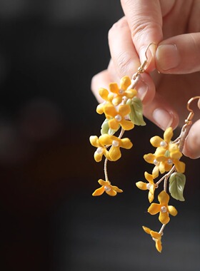 芊墨夏禾小清新长款绿叶桂花花卉耳环超仙气质旗袍耳坠复古配饰女