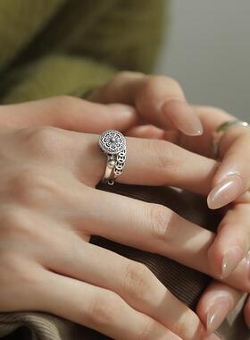 S925纯银六字真言戒指女复古民族风文艺范心经莲花座旋转开口可调