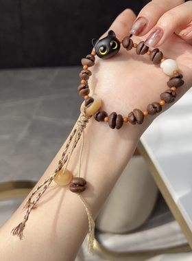 天然咖啡豆手链搭配黑檀猫咪菩提根跑环文玩时尚饰品佛珠手串礼物
