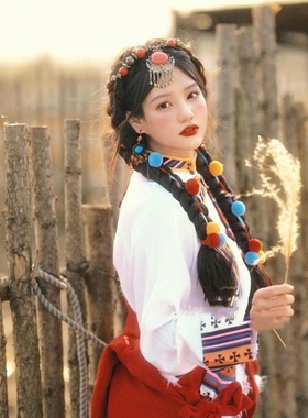 -藏式假发辫云南旅拍藏辫马尾藏服藏族手工辫子彩色毛球麻花辫