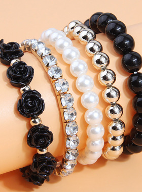 时尚简洁混搭花朵闪钻球珠气质女士多层珠手链1009