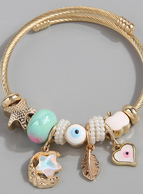 1个时尚 金属百搭潘DL简洁星月羽毛爱心坠多元素配饰个性手镯0218