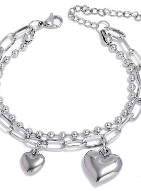 韩国钢制时尚嘻哈简洁不锈钢简洁情锁坠个性双层气质手链0504