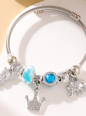 时尚简洁潘家百搭可爱猫咪多元素挂件气质女手镯0122