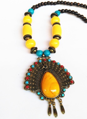 民族风西藏族复古铜项链发饰波西米亚锁骨吊坠中国风绿松石做旧