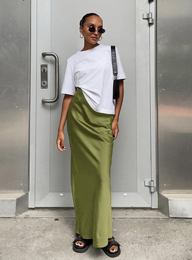 欧美风夏季黑色半身裙色丁垂感鱼尾裙 High Waist Fishtail Skirt