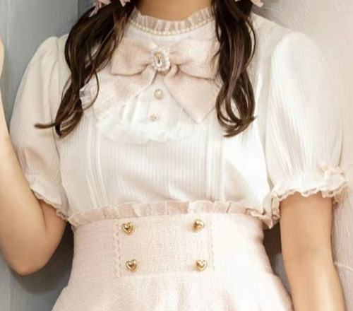 2022春夏 lizlisa原单甜美可爱蝴蝶结袖口蕾丝边珍珠领短袖衬衫女 - 图0