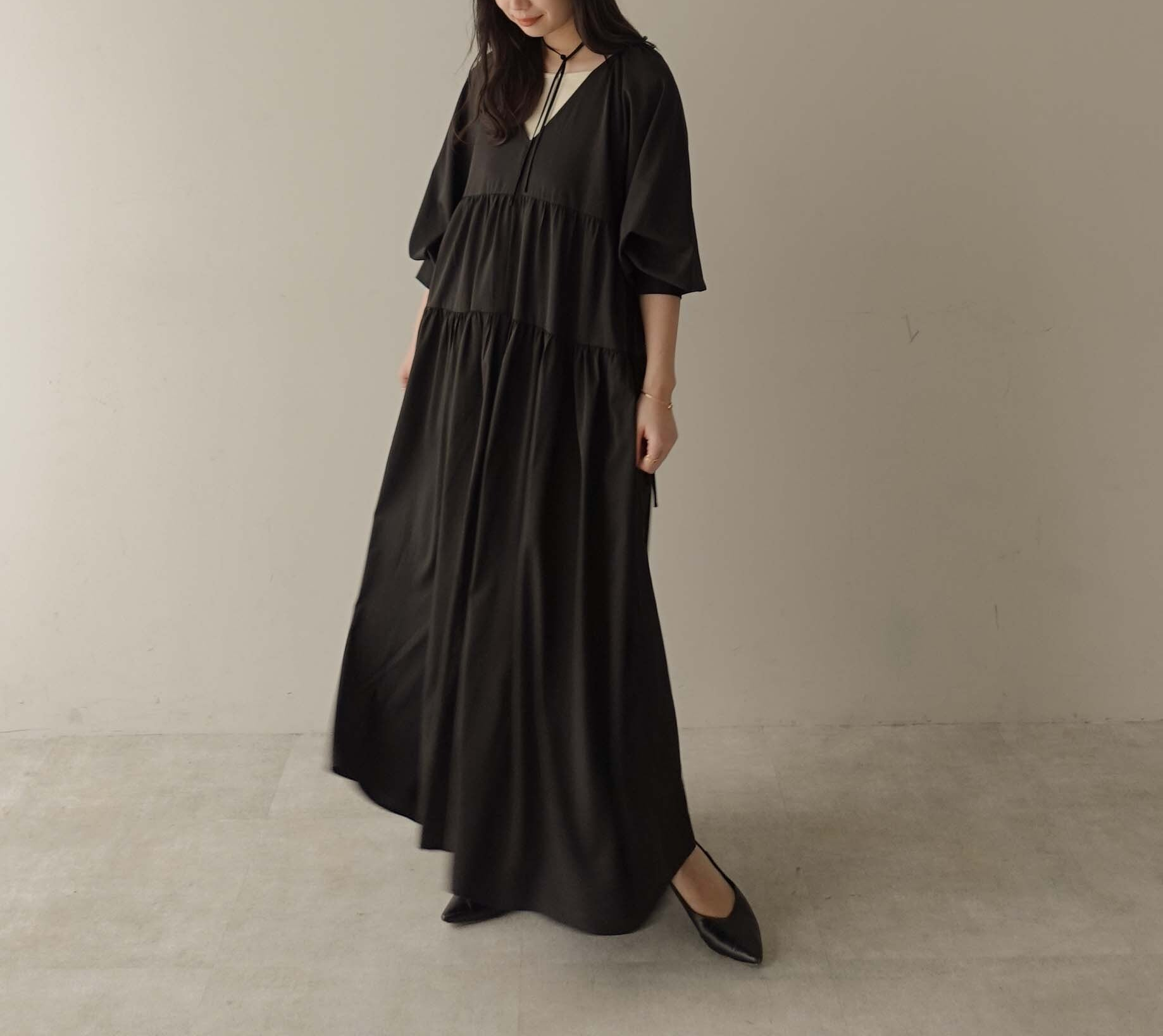 日单原单2023春夏新淡色甜美前后两穿拼接系带宽松大摆长袖连衣裙 - 图1