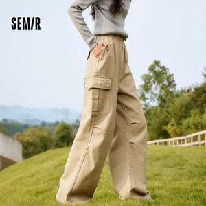 [商场同款]森马休闲裤女抓绒降落伞裤驼色冬季抽绳阔腿工装裤复古