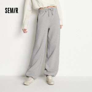 森马休闲裤女冬发热抑菌抓绒抽绳卫裤分割宽松2025新款针织阔腿裤