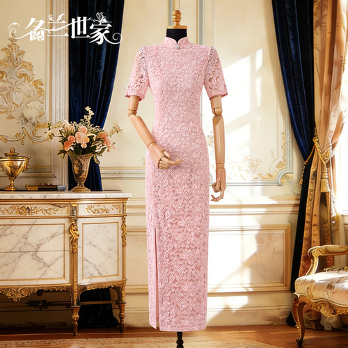 名兰世家夏季蕾丝改良旗袍女新中式高贵婚宴礼服婚礼婚宴妈妈长裙 - 图0