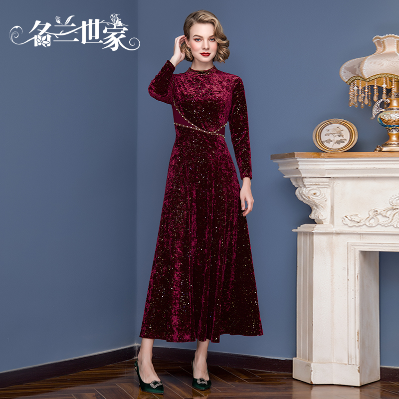 名兰世家婚礼妈妈礼服喜婆婆婚宴装长款女丝绒连衣裙原创平时可穿 - 图1