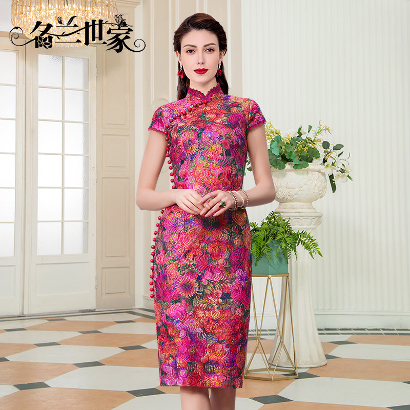 名兰世家原创春夏婚礼婚宴晚礼服短袖改良日常旗袍礼服粉色蕾丝_虎窝淘