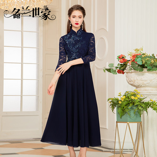 名兰世家2026新款春季妈妈婚礼礼服喜婆婆婚宴装网纱拼接连衣裙 - 图0