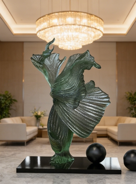 透明树脂琉璃雕塑艺术品酒店大堂售楼处绿色飘逸造型现代抽象摆件