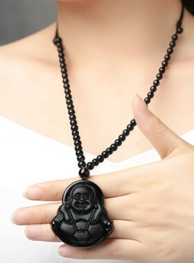 2026年新款黑色笑口佛吊坠带珠子项链佛牌男女情侣百搭配饰毛衣链