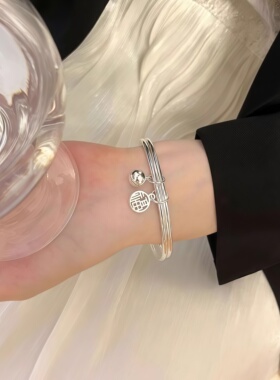 福牌铃铛手镯双环女镯子小众设计高级感气质简约银色百搭气质手环