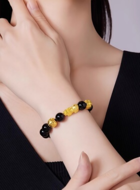 爆款手链男女款金色小皮丘黑石佛珠手串情侣送男友送爸爸饰品礼物