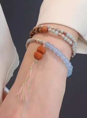 多圈粉色蓝色纹串珠手链女款小众