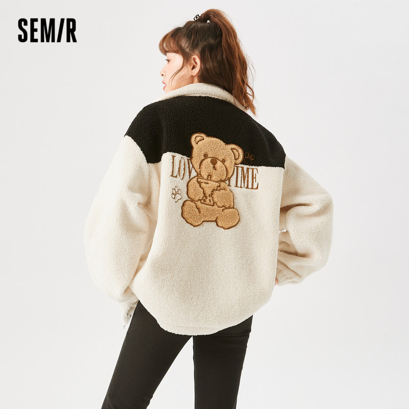 森马2021冬季新款仿羊羔毛宽松夹克 森马妙步短外套