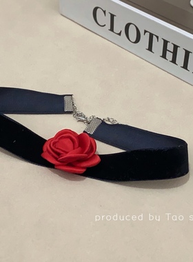 复古红色丝绒花朵项圈女法式优雅气质锁骨链颈链项链设计感choker