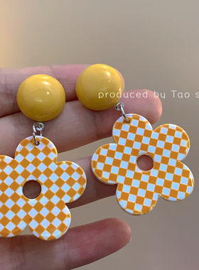 黄色俏皮少女耳环~夏天海边度假复古小清新可爱花朵波点耳钉耳夹