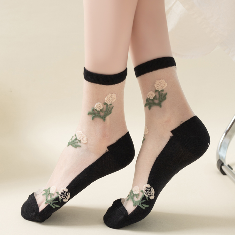 丝袜女春夏薄款玫瑰花玻璃日系透明耐磨纯棉花朵水晶丝卡丝中筒袜