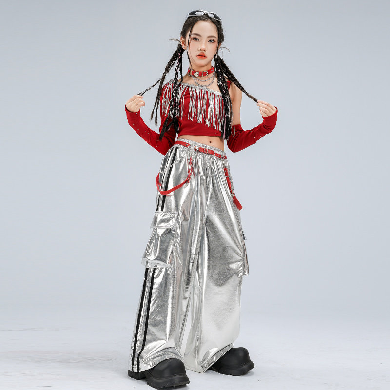 女团jazz爵士舞潮服女童时髦露肩吊带银色皮裤街舞韩舞走秀演出服,淘宝优惠券,粉丝福利购,淘宝优惠卷