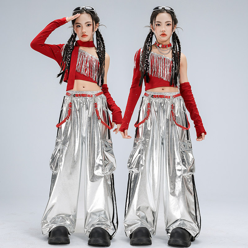 女团jazz爵士舞潮服女童时髦露肩吊带银色皮裤街舞韩舞走秀演出服,淘宝优惠券,粉丝福利购,淘宝优惠卷