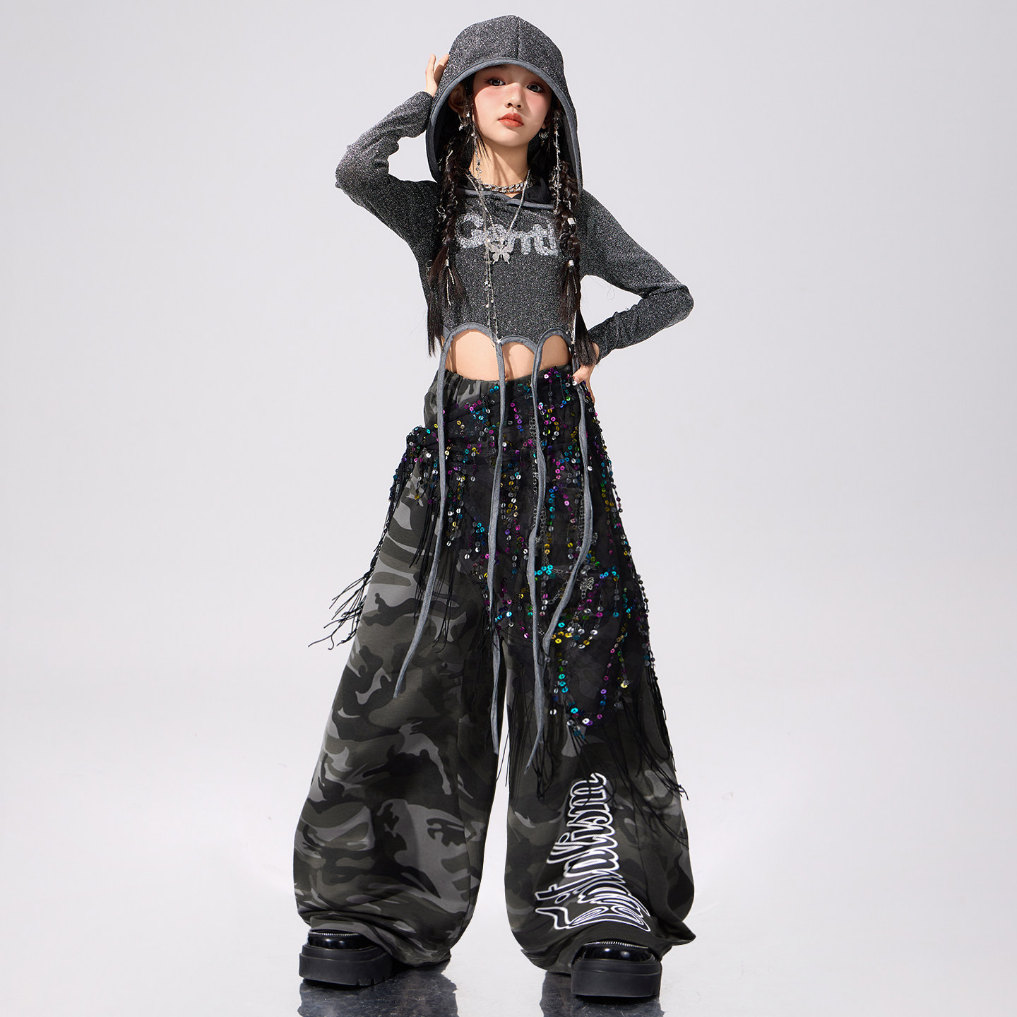 爵士舞服装女童时髦连帽上衣迷彩裤jazz练功服女团韩舞街舞演出服,淘宝优惠券,粉丝福利购,淘宝优惠卷