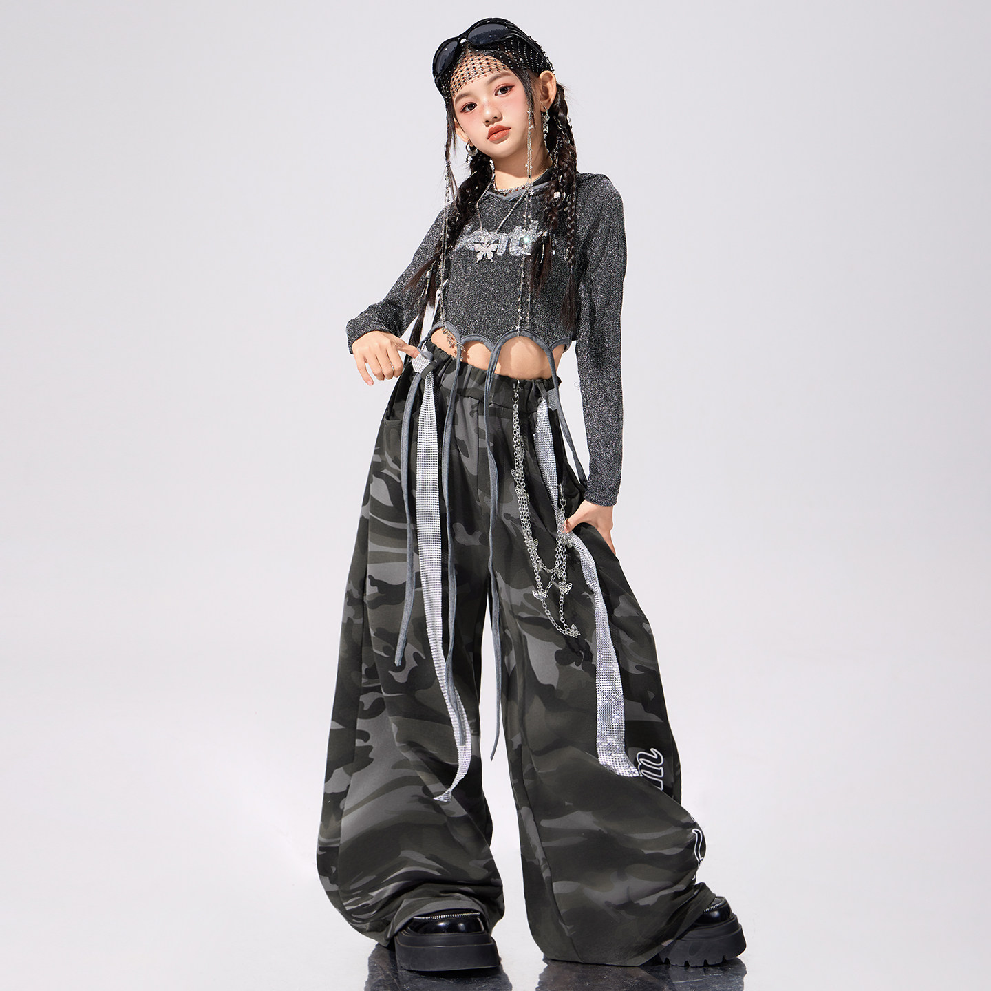 爵士舞服装女童时髦连帽上衣迷彩裤jazz练功服女团韩舞街舞演出服,淘宝优惠券,粉丝福利购,淘宝优惠卷