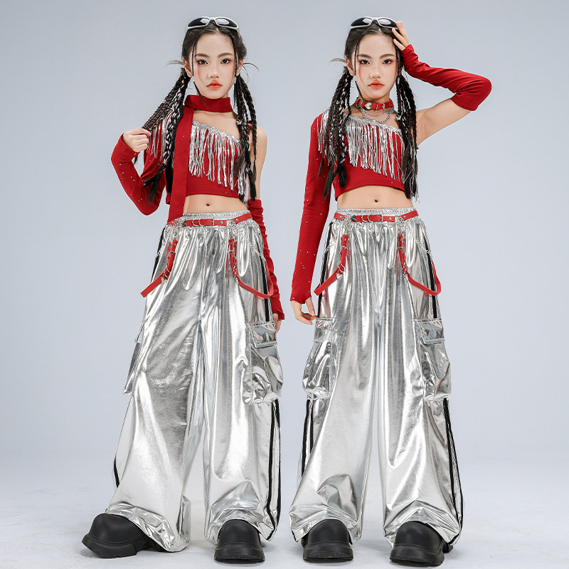 女团jazz爵士舞潮服女童时髦露肩吊带银色皮裤街舞韩舞走秀演出服,淘宝优惠券,粉丝福利购,淘宝优惠卷