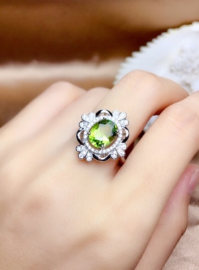 925银镀白金天然橄榄石戒指吊坠