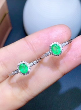 活圈925银镀白金4*5mm 天然祖母绿 戒指 空托 V963