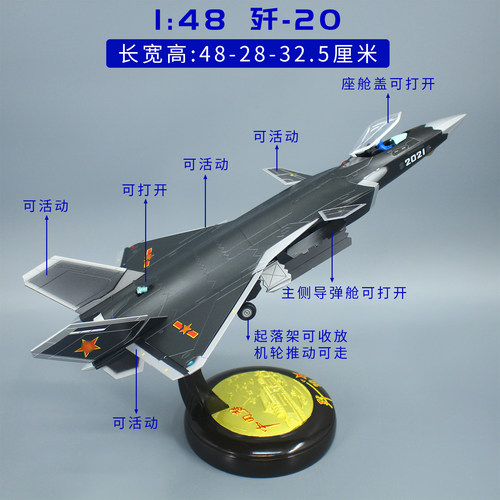1:48 歼20隐形战斗机 J20飞机模型军事合金成品仿真摆件收藏 - 图0