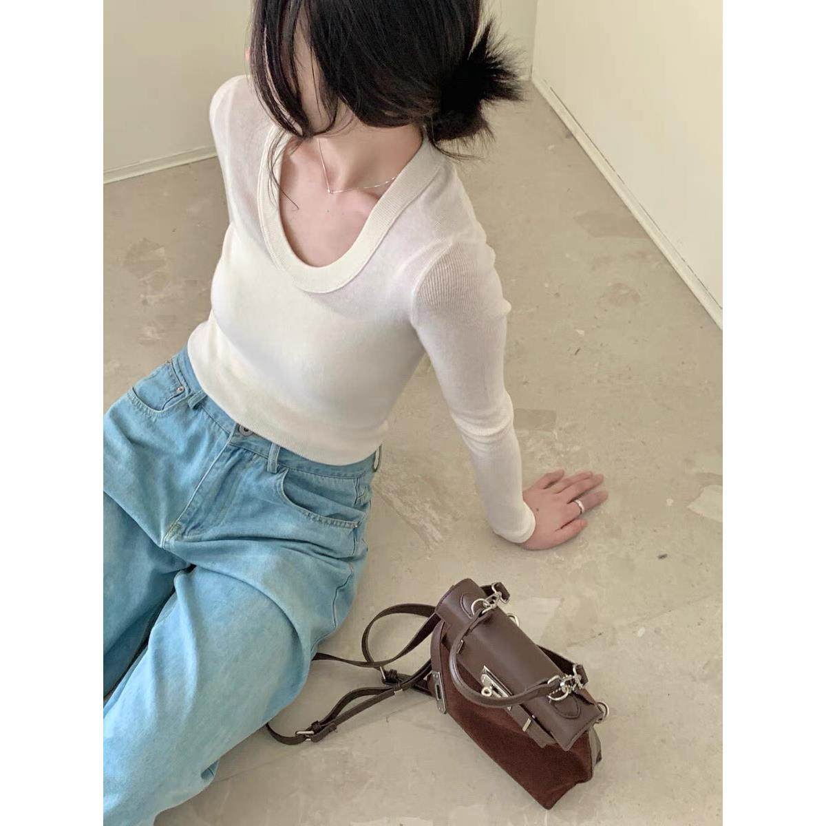 TOMORROW显瘦百搭100羊毛打底衫韩系简约U领内搭修身针织衫6903 - 图0