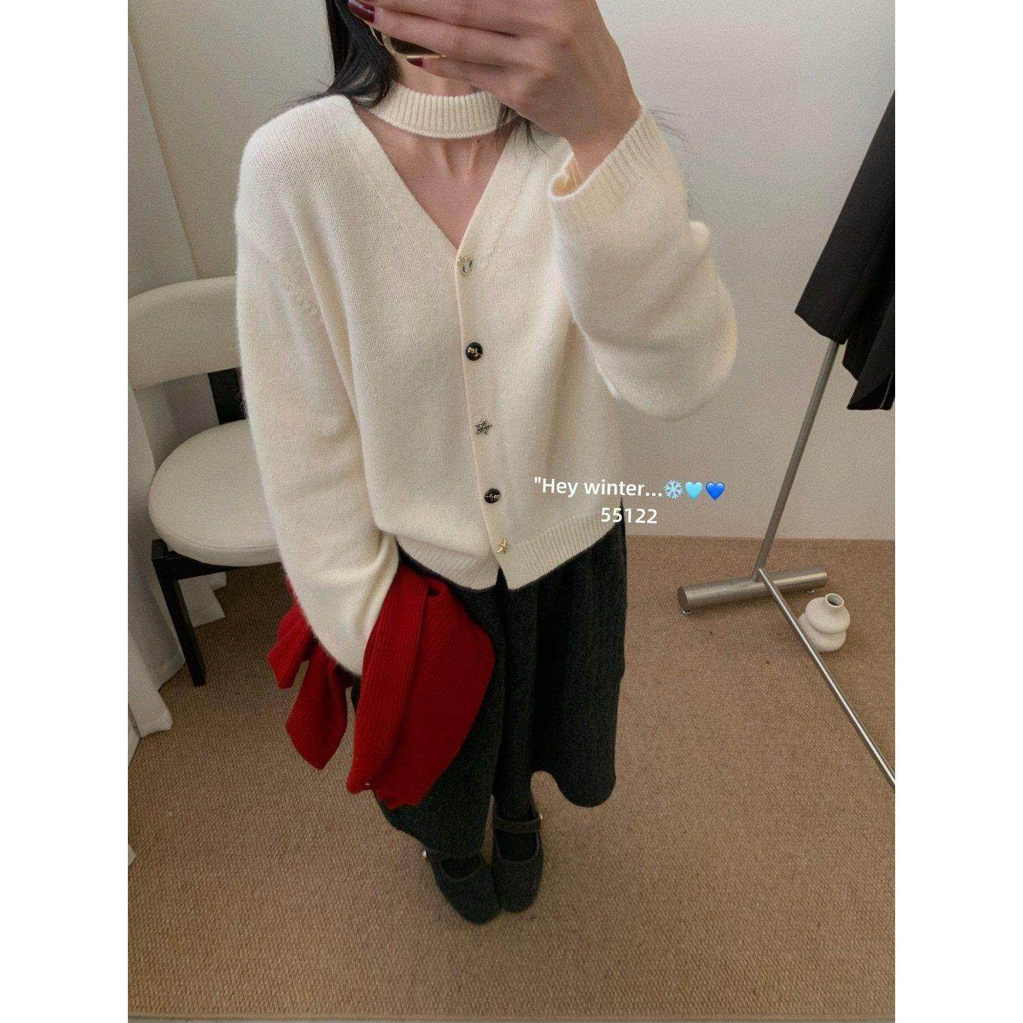 chic韩国气质温柔风V领挂脖针织开衫女欧货单排扣百搭保暖毛衣,淘宝优惠券,粉丝福利购,淘宝优惠卷